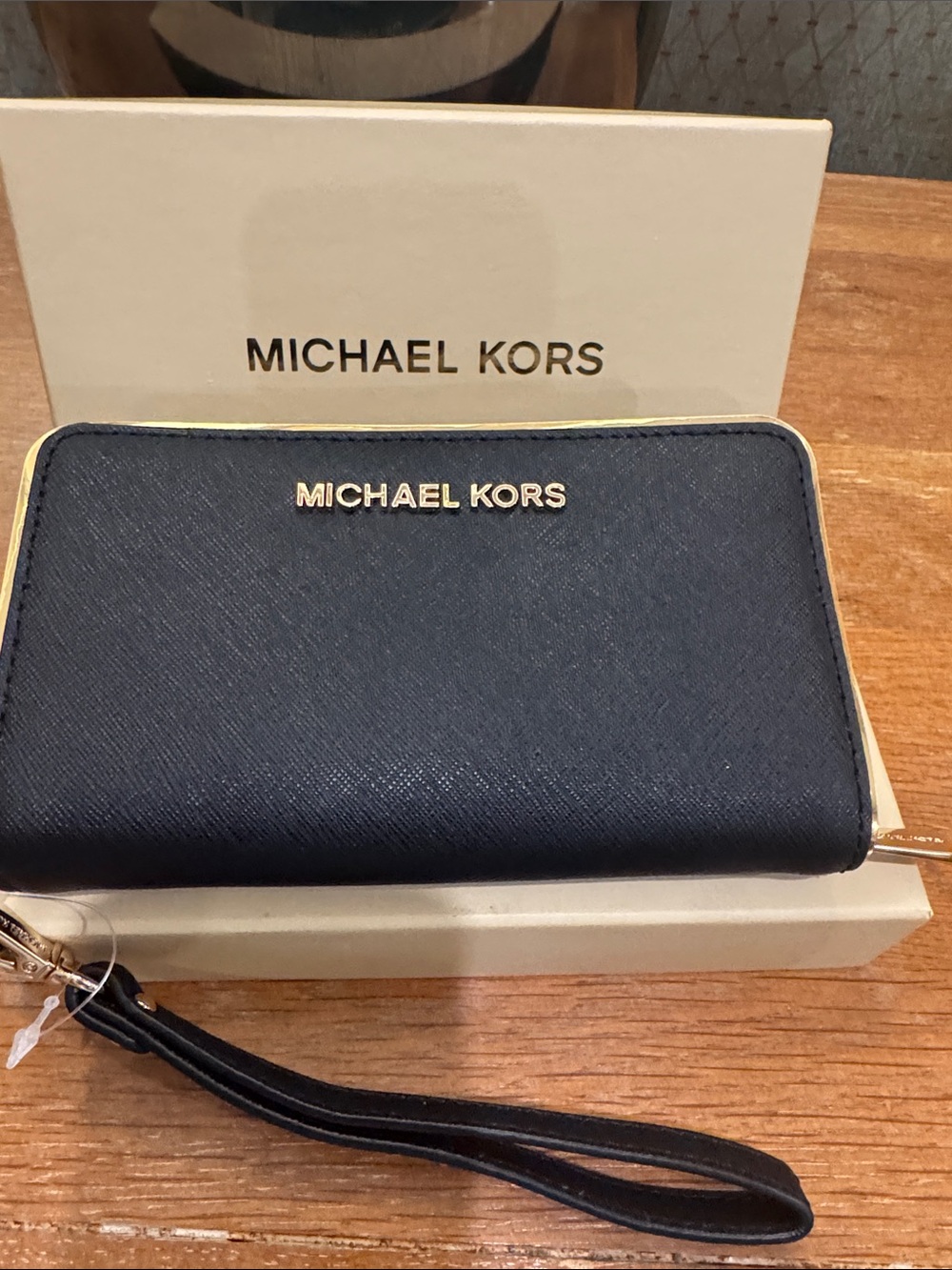 Michael Kors Black Leather Wristlet with Gold Logo